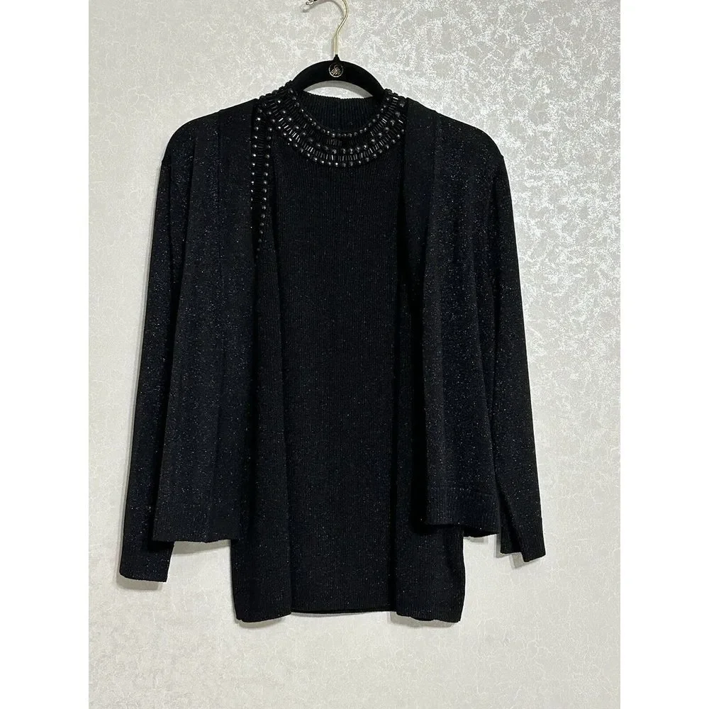 Carmen Black Metallic Sparkle Cardigan & Beaded Neckline Halter Top 2 Piece XL - Picture 1 of 7